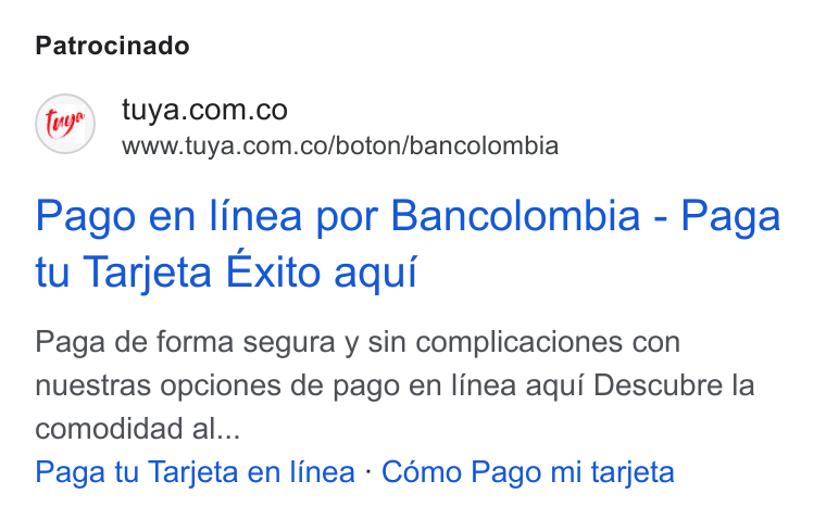 Tuya ad on Google Ads: www.tuya.com.co/boton/bancolombia Pago en linea por Bancolombia - Paga tu Tarjeta Exito aqui Paga de forma segura y sin complicaciones con nuestras opciones de pago en linea aqui Descubre la comodidad al... Paga tu Tarjeta en linea - Como Pago mi tarjeta
