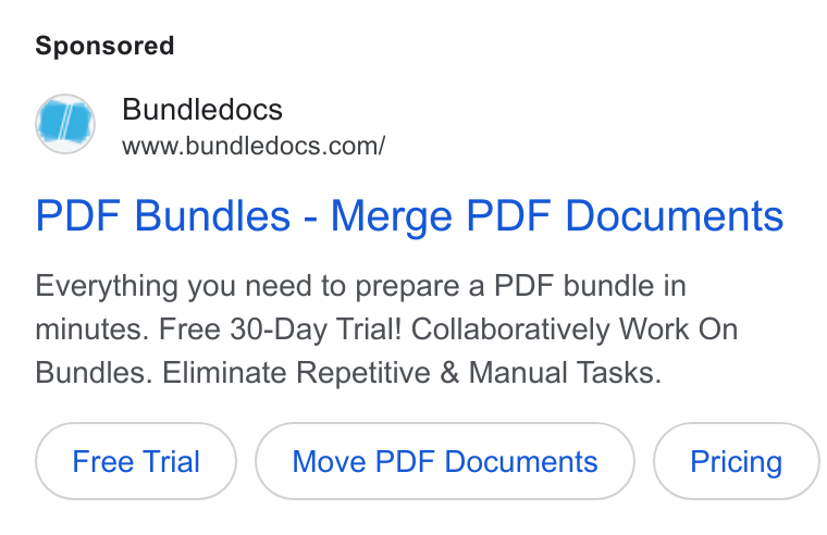 Bundledocs ad on Google Ads: PDF Bundles - Merge PDF Documents Everything you need to prepare a PDF bundle in minutes. Free 30-Day Trial! Collaboratively Work On Bundles. Eliminate Repetitive & Manual Tasks. Move PDF Documents