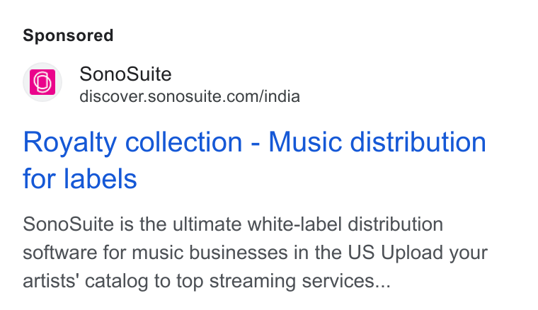 SonoSuite ad on Google Ads: Royalty collection - Music distribution for labels Sono Suite is the ultimate white-label distribution software for music businesses in the US Upload your artists’ catalog to top streaming services...