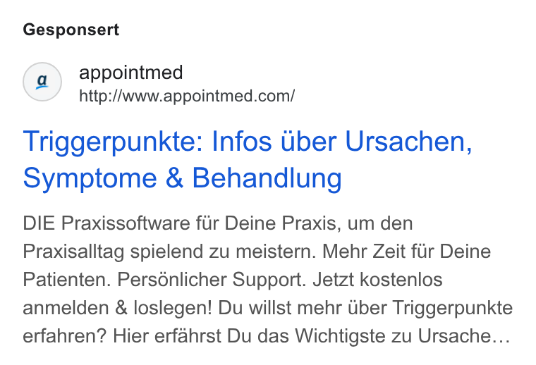 appointmed ad on Google Ads: Gesponsert Triggerpunkte: Infos uber Ursachen, Symptome & Behandlung DIE Praxissoftware fur Deine Praxis, um den Praxisalltag spielend zu meistern. Mehr Zeit fur Deine Patienten. Persdnlicher Support. Jetzt kostenlos anmelden & loslegen! Du willst mehr Uber Triggerpunkte erfahren? Hier erfahrst Du das Wichtigste zu Ursache...