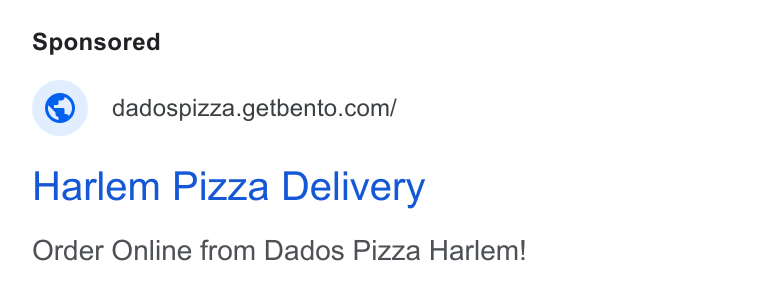 BentoBox ad on Google Ads: Harlem Pizza Delivery Order Online from Dados Pizza Harlem!