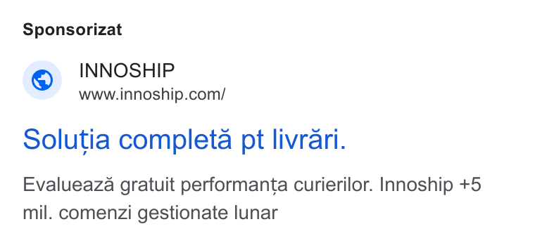 Innoship ad on Google Ads: Sponsorizat Ssolutia completa pt livrari. Evalueaza gratuit performanta curierilor. Innoship +5 mil. comenzi gestionate lunar
