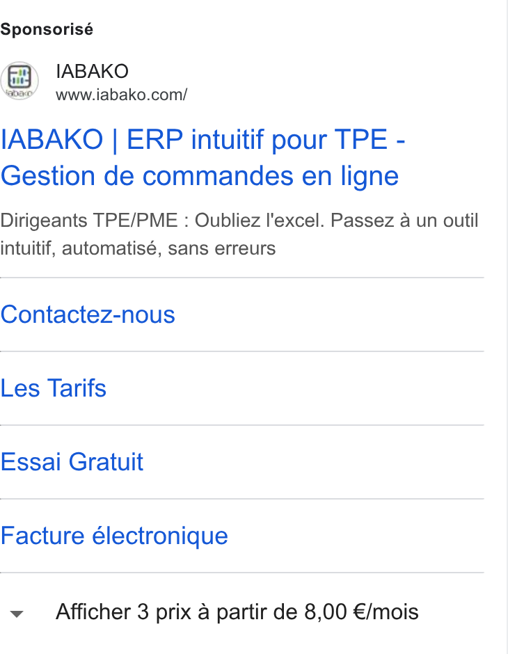 IABAKO ad on Google Ads: Sponsorisé IABAKO | ERP intuitif pour TPE - Gestion de commandes en ligne Dirigeants TPE/PME : Oubliez l'excel. Passez a un outil intuitif, automatisé, sans erreurs Contactez-nous Les Tarifs Essai Gratuit Facture électronique Afficher 3 prix a partir de 8,00 €/mois