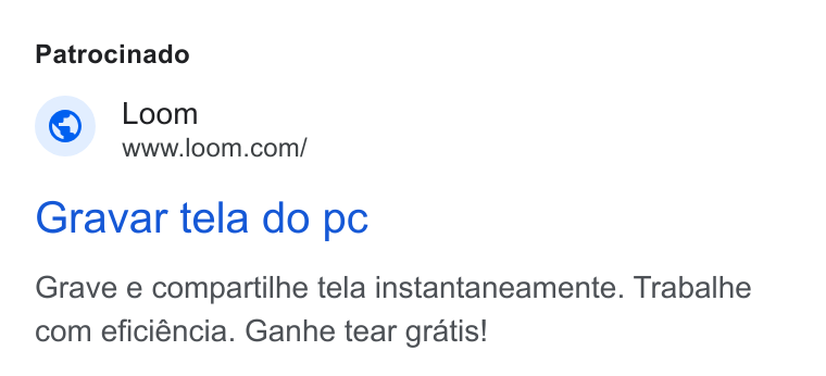 Loom ad on Google Ads: Patrocinado Gravar tela do pc Grave e compartilhe tela instantaneamente. Trabalhe com eficiéncia. Ganhe tear gratis!