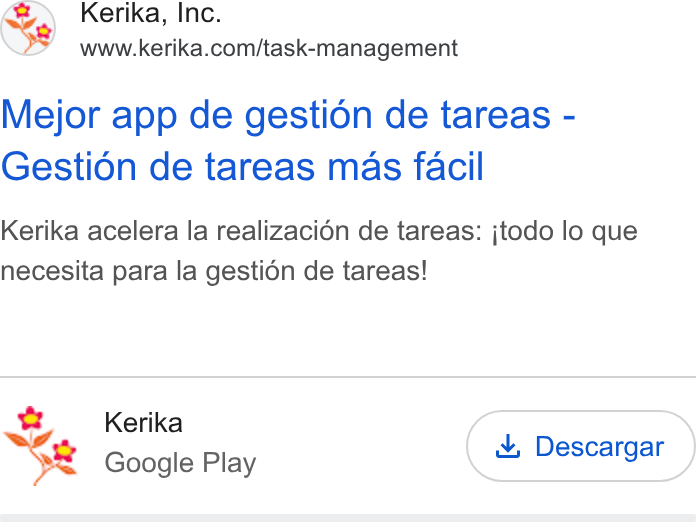 Kerika ad on Google Ads: Mejor app de gestion de tareas - Gestion de tareas mas facil Kerika acelera la realizacién de tareas: jtodo lo que necesita para la gestién de tareas! Lod Kerika LD Sa Google Play &, Descargar