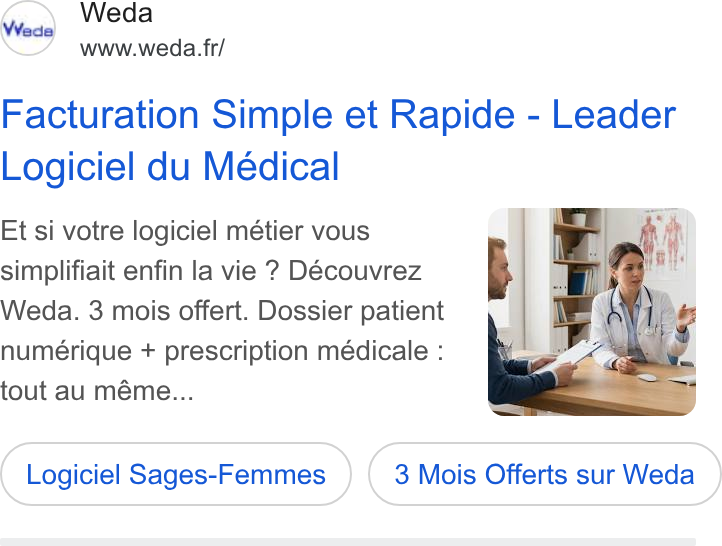 Weda ad on Google Ads: Facturation Simple et Rapide - Leader Logiciel du Médical Et si votre logiciel métier vous simplifiait enfin la vie ? Découvrez Weda. 3 mois offert. Dossier patient numérique + prescription médicale : tout au méme... Logiciel Sages-Femmes 3 Mois Offerts sur Weda