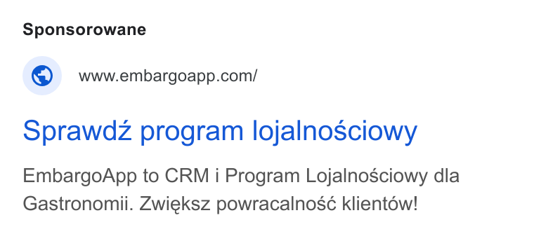 Embargo ad on Google Ads: Sprawdz program lojalnosciowy Embargo App to CRM i Program Lojalnosciowy dla Gastronomii. Zwieksz powracalnosc klientow!