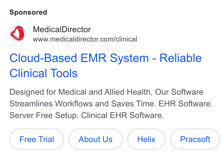 MedicalDirector ad on Google Ads: Cloud-Based EMR System - Reliable Clinical Tools Designed for Medical and Allied Health, Our Software Streamlines Workflows and Saves Time. EHR Software. Server Free Setup. Clinical EHR Software.