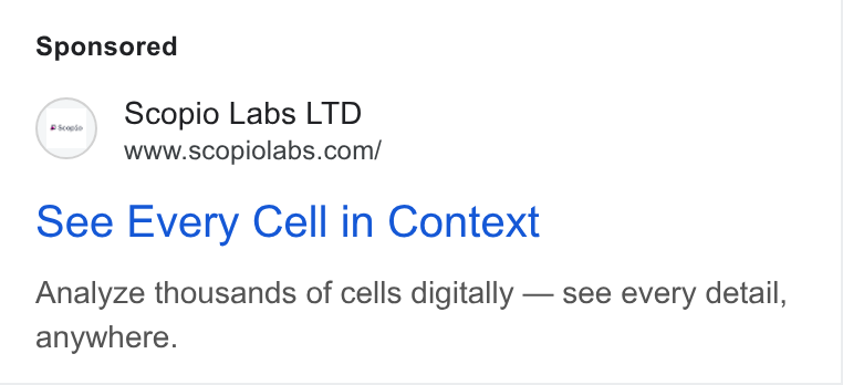 Scopio Labs ad on Google Ads: see Every Cell in Context Analyze thousands of cells digitally — see every detail, anywhere.