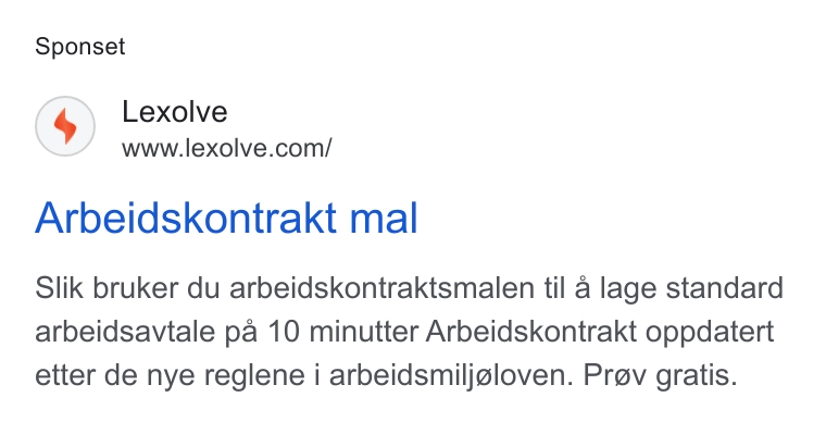 Lexolve ad on Google Ads: Sponset Arbeidskontrakt mal Slik bruker du arbeidskontraktsmalen til 4 lage standard arbeidsavtale pa 10 minutter Arbeidskontrakt oppdatert etter de nye reglene i arbeidsmiljgloven. Prev gratis.