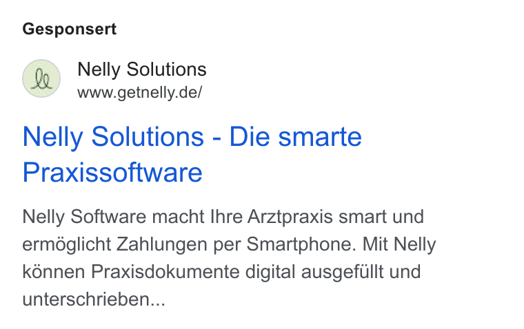 Nelly Solutions ad on Google Ads: Gesponsert Nelly Solutions - Die smarte Praxissoftware Nelly Software macht Ihre Arztpraxis smart und ermoglicht Zahlungen per Smartphone. Mit Nelly k6nnen Praxisdokumente digital ausgefullt und unterschrieben...