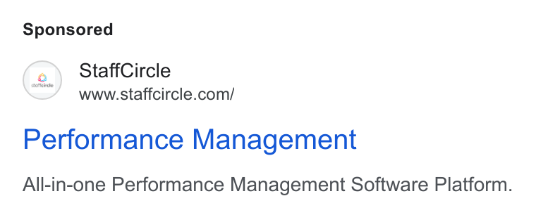StaffCircle ad on Google Ads: Performance Management All-in-one Performance Management Software Platform.