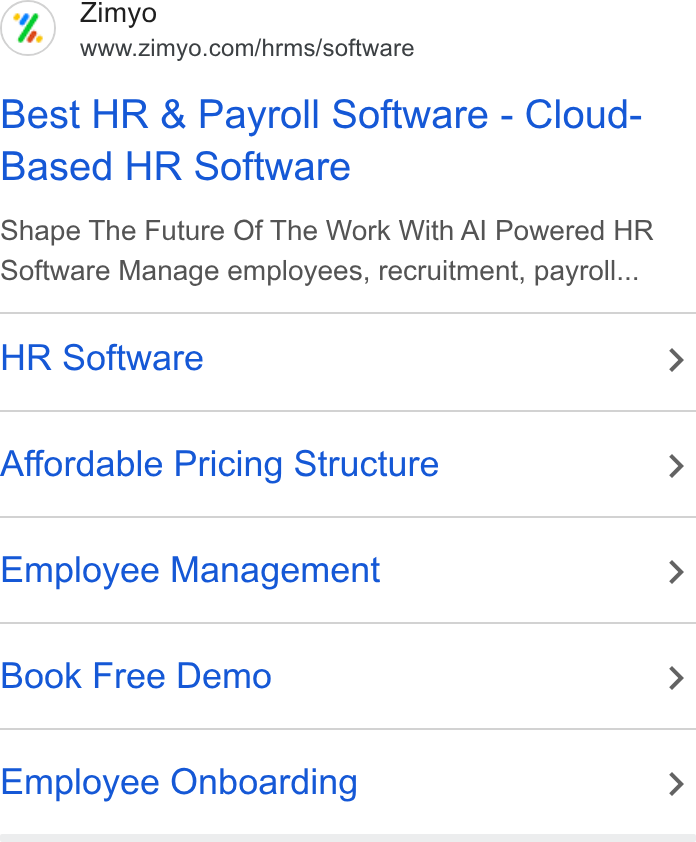 Zimyo ad on Google Ads: Best HR & Payroll Software - Cloud- Based HR Software Shape The Future Of The Work With Al Powered HR Software Manage employees, recruitment, payroll... HR Software > Affordable Pricing Structure > Employee Management > Book Free Demo > Employee Onboarding >