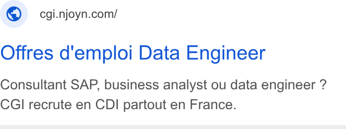 Njoyn ad on Google Ads: Offres d'emploi Data Engineer Consultant SAP, business analyst ou data engineer ? CGI recrute en CDI partout en France.