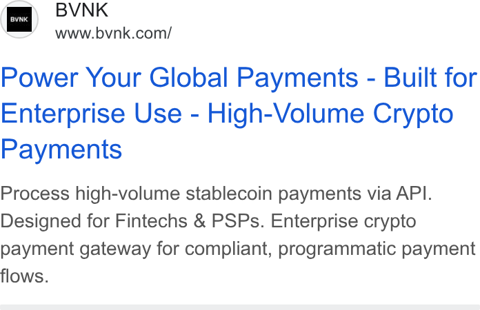 BVNK ad on Google Ads: Power Your Global Payments - Built for Enterprise Use - High-Volume Crypto Payments Process high-volume stablecoin payments via API. Designed for Fintechs & PSPs. Enterprise crypto payment gateway for compliant, programmatic payment flows.