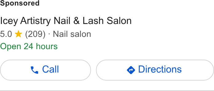 Fresha ad on Google Ads: Icey Artistry Nail & Lash Salon 5.0 ¥ (209) - Nail salon Open 24 hours
