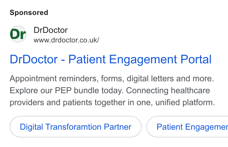 DrDoctor ad on Google Ads: Dr Doctor - Patient Engagement Portal Appointment reminders, forms, digital letters and more. Explore our PEP bundle today. Connecting healthcare providers and patients together in one, unified platform. Digital Transforamtion Partner ) ( Patient Engagemer