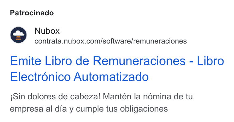 Nubox ad on Google Ads: Patrocinado Emite Libro de Remuneraciones - Libro Electronico Automatizado j Sin dolores de cabeza! Mantén la nomina de tu empresa al dia y cumple tus obligaciones