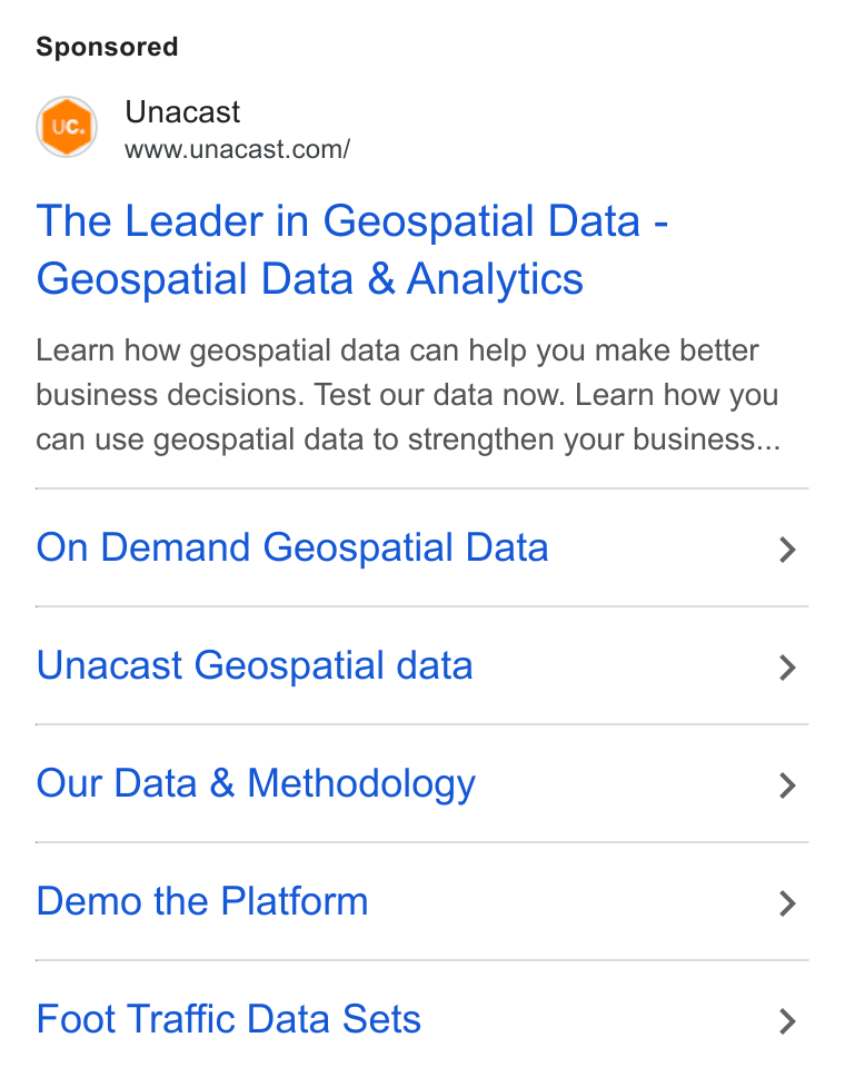Unacast ad on Google Ads: The Leader in Geospatial Data - Geospatial Data & Analytics Learn how geospatial data can help you make better business decisions. Test our data now. Learn how you can use geospatial data to strengthen your business... On Demand Geospatial Data > Unacast Geospatial data > Our Data & Methodology > Demo the Platform > Foot Traffic Data Sets >