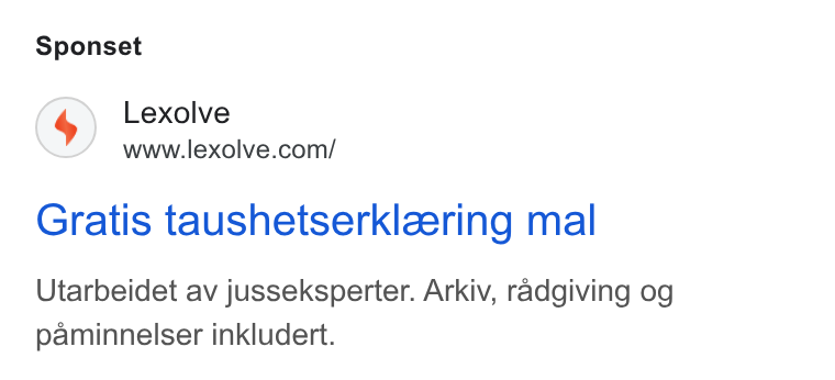 Lexolve ad on Google Ads: Sponset Gratis taushetserklzering mal Utarbeidet av jusseksperter. Arkiv, radgiving og paminnelser inkludert.