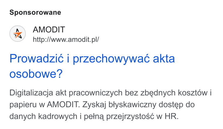 AMODIT ad on Google Ads: Sponsorowane Prowadzic i przechowywac akta osobowe? Digitalizacja akt pracowniczych bez zbednych kosztow i papieru w AMODIT. Zyskaj btyskawiczny dostep do danych kadrowych i petna przejrzystos¢ w HR.