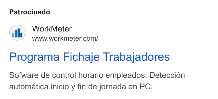 WorkMeter ad on Google Ads: Patrocinado Programa Fichaje Trabajadores Sofware de control horario empleados. Deteccién automatica inicio y fin de jornada en PC.