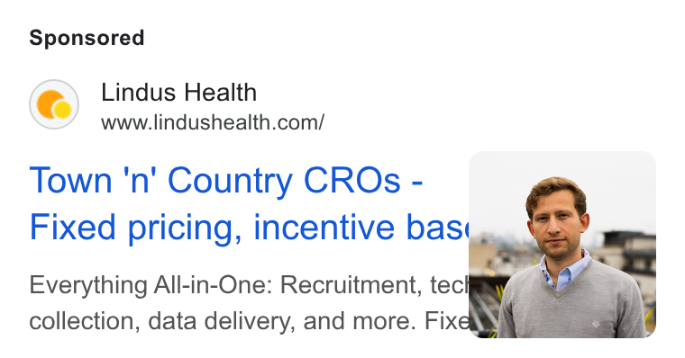 Lindus Health ad on Google Ads: Town 'n' Country CROs - ( Fixed pricing, incentive basi, Everything All-in-One: Recruitment, tecig Y a =, collection, data delivery, and more. Fixa S. RS