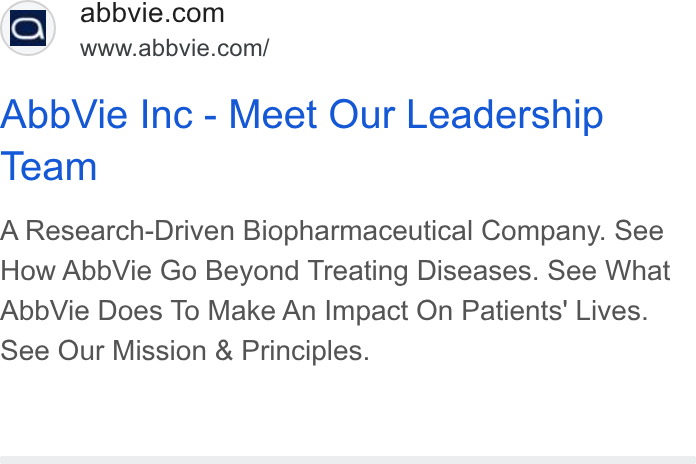 AbbVie ad on Google Ads: www.abbvie.com/ Abb Vie Inc - Meet Our Leadership Team A Research-Driven Biopharmaceutical Company. See How Abb Vie Go Beyond Treating Diseases. See What Abb Vie Does To Make An Impact On Patients’ Lives. See Our Mission & Principles.
