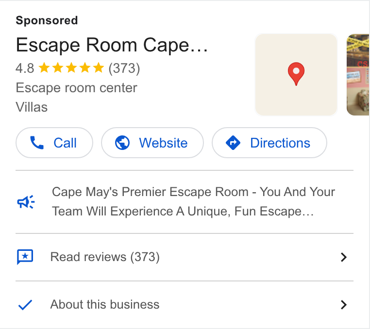 FareHarbor ad on Google Ads: Escape Room Cape... 4.8 ek Ik (373) 9 Escape room center Villas Cape May's Premier Escape Room - You And Your Team Will Experience A Unique, Fun Escape... os Read reviews (373) > Y_ About this business >
