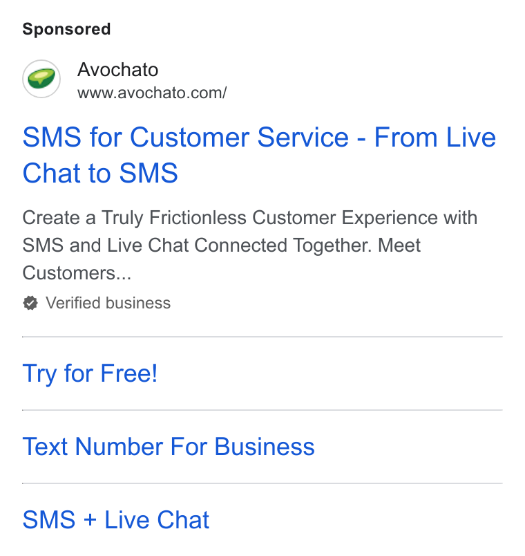Avochato ad on Google Ads: SMS for Customer Service - From Live Chat to SMS Create a Truly Frictionless Customer Experience with SMS and Live Chat Connected Together. Meet Customers... Verified business Try for Free! Text Number For Business SMS + Live Chat