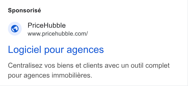 PriceHubble ad on Google Ads: Sponsorisé Logiciel pour agences Centralisez vos biens et clients avec un outil complet pour agences immobiliéres.
