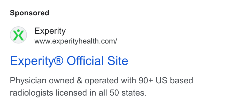 Experity ad on Google Ads: Experity® Official Site Physician owned & operated with 90+ US based radiologists licensed in all 50 states.