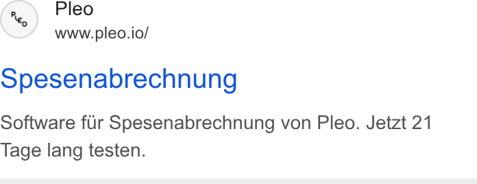 Pleo ad on Google Ads: Pleo www.pleo.io/ opesenabrechnung Software fur Spesenabrechnung von Pleo. Jetzt 21 Tage lang testen.