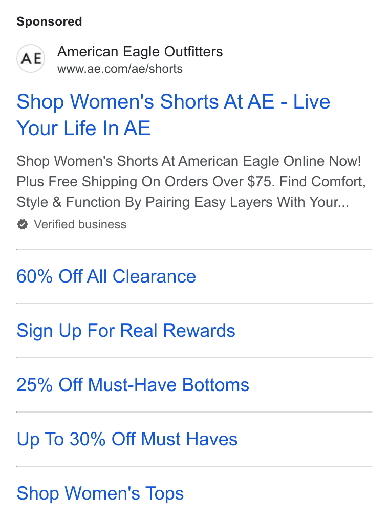 American Eagle Outfitters ad on Google Ads: Shop Women's Shorts At AE - Live Your Life In AE Shop Women's Shorts At American Eagle Online Now! Plus Free Shipping On Orders Over $75. Find Comfort, Style & Function By Pairing Easy Layers With Your... Verified business 60% Off All Clearance Sign Up For Real Rewards 25% Off Must-Have Bottoms Up To 30% Off Must Haves Shop Women's Tops