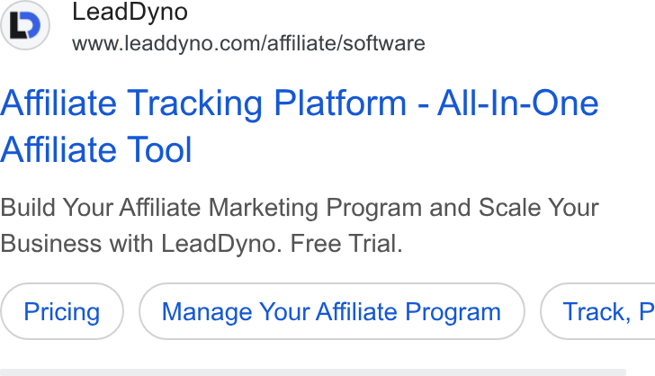 LeadDyno ad on Google Ads: Affiliate Tracking Platform - All-In-One Affiliate Tool Build Your Affiliate Marketing Program and Scale Your Business with Lead Dyno. Free Trial. Manage Your Affiliate Program ( Track, P