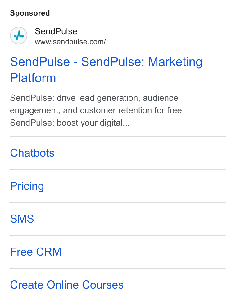 SendPulse ad on Google Ads: Send Pulse - Send Pulse: Marketing Platform Send Pulse: drive lead generation, audience engagement, and customer retention for free Send Pulse: boost your digital... Chatbots Pricing SMS Free CRM Create Online Courses
