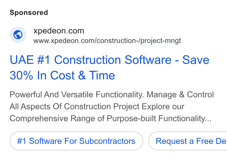 Xpedeon ad on Google Ads: www.xpedeon.com/construction-/project-mngt UAE #1 Construction Software - Save 30% In Cost & Time Powerful And Versatile Functionality. Manage & Control All Aspects Of Construction Project Explore our Comprehensive Range of Purpose-built Functionality... #1 Software For Subcontractors } ( Request a Free De
