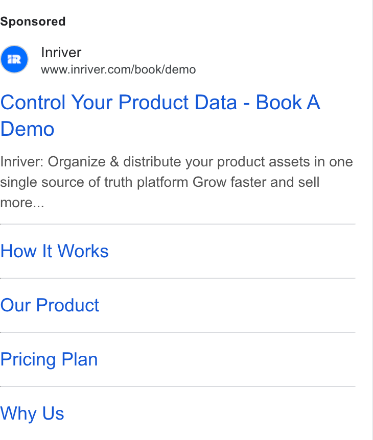 Inriver ad on Google Ads: Control Your Product Data - Book A Demo Inriver: Organize & distribute your product assets in one single source of truth platform Grow faster and sell more... How It Works Our Product Pricing Plan Why Us