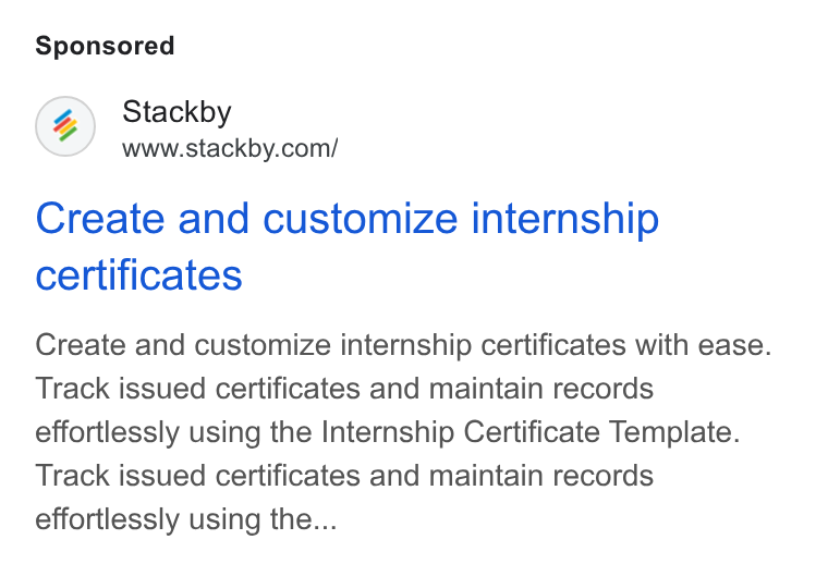 Stackby ad on Google Ads: Create and customize internship certificates Create and customize internship certificates with ease. Track issued certificates and maintain records effortlessly using the Internship Certificate Template. Track issued certificates and maintain records effortlessly using the...