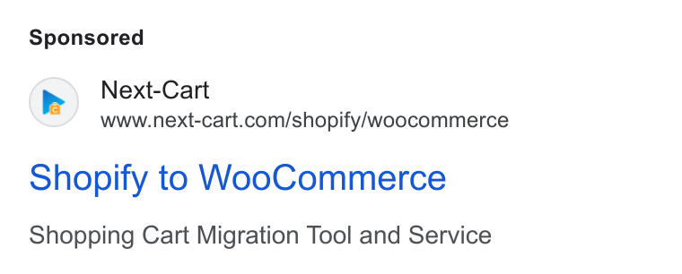 Next-Cart ad on Google Ads: shopify to Woo Commerce Shopping Cart Migration Tool and Service