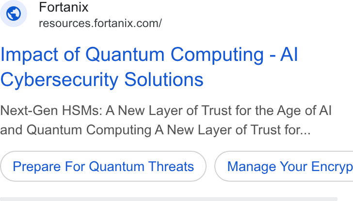 Fortanix ad on Google Ads: Impact of Quantum Computing - Al Cybersecurity Solutions Next-Gen HSMs: A New Layer of Trust for the Age of Al and Quantum Computing A New Layer of Trust for... Prepare For Quantum Threats ) ( Manage Your Encryp