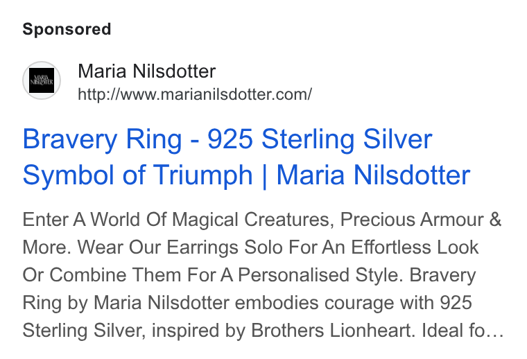Boka.se ad on Google Ads: Bravery Ring - 925 Sterling Silver Symbol of Triumph | Maria Nilsdotter Enter A World Of Magical Creatures, Precious Armour & More. Wear Our Earrings Solo For An Effortless Look Or Combine Them For A Personalised Style. Bravery Ring by Maria Nilsdotter embodies courage with 925 Sterling Silver, inspired by Brothers Lionheart. Ideal fo...