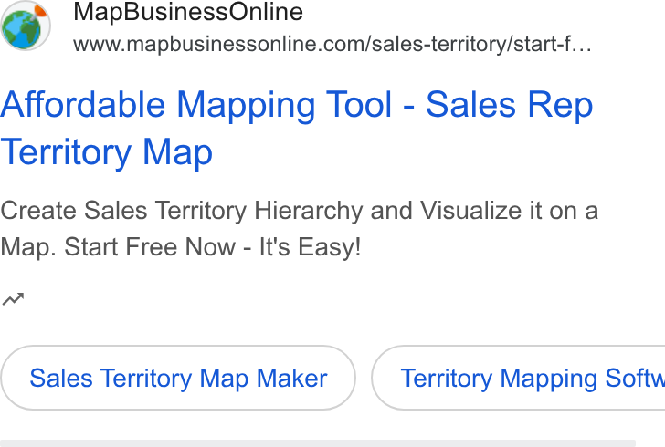 MapBusinessOnline ad on Google Ads: Affordable Mapping Tool - Sales Rep Territory Map Create Sales Territory Hierarchy and Visualize it on a Map. Start Free Now - It's Easy! nw Sales Territory Map Maker } (Territory Mapping Softw