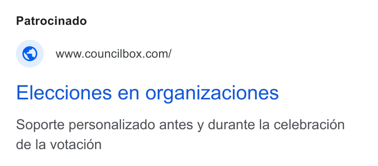 Councilbox ad on Google Ads: Elecciones en organizaciones Soporte personalizado antes y durante la celebracién de la votacion