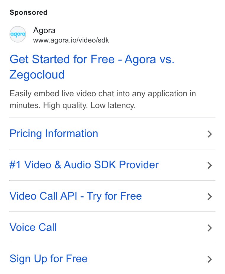 Agora ad on Google Ads: Agora www.agora.io/video/sdk Get Started for Free - Agora vs. Zegocloud Easily embed live video chat into any application in minutes. High quality. Low latency. Pricing Information #1 Video & Audio SDK Provider Video Call API - Try for Free Voice Call Sign Up for Free