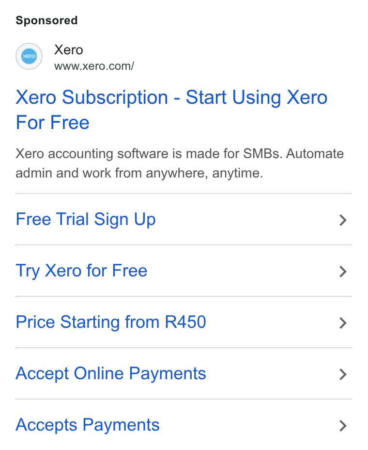 Xero ad on Google Ads: Xero Subscription - Start Using Xero For Free Xero accounting software is made for SMBs. Automate admin and work from anywhere, anytime. Free Trial Sign Up > Try Xero for Free > Price Starting from R450 > Accept Online Payments > Accepts Payments >