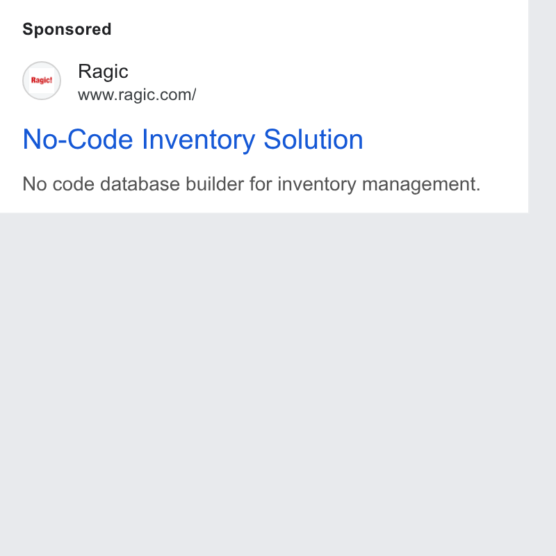 Ragic ad on Google Ads: No-Code Inventory Solution No code database builder for inventory management.