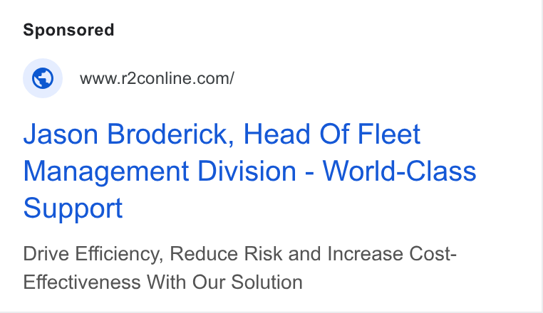 r2c Online ad on Google Ads: Jason Broderick, Head Of Fleet Management Division - World-Class Support Drive Efficiency, Reduce Risk and Increase Cost- Effectiveness With Our Solution