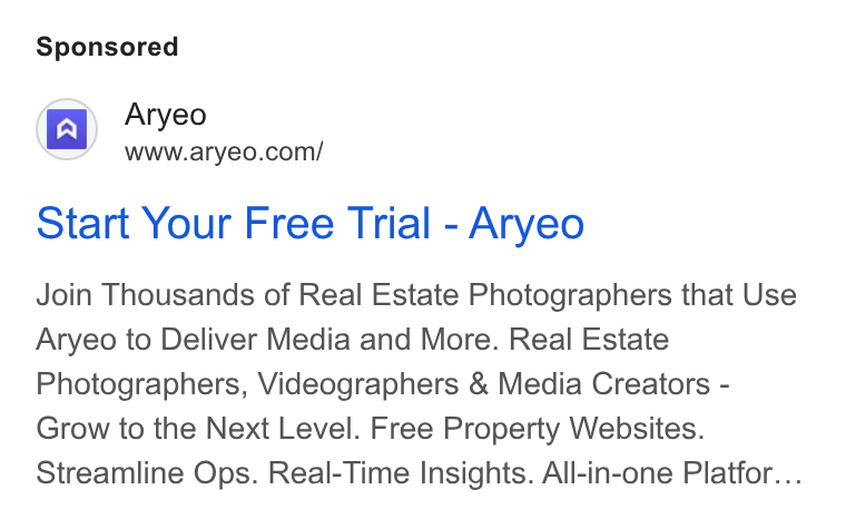 Aryeo ad on Google Ads: Start Your Free Trial - Aryeo Join Thousands of Real Estate Photographers that Use Aryeo to Deliver Media and More. Real Estate Photographers, Videographers & Media Creators - Grow to the Next Level. Free Property Websites. Streamline Ops. Real-Time Insights. All-in-one Platfor...
