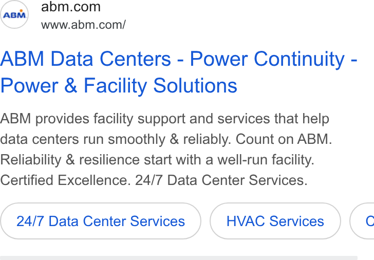 ABM Industries ad on Google Ads: www.abm.com/ ABM Data Centers - Power Continuity - Power & Facility Solutions ABM provides facility support and services that help data centers run smoothly & reliably. Count on ABM. Reliability & resilience start with a well-run facility. Certified Excellence. 24/7 Data Center Services. 24/7 Data Center Services HVAC Services («